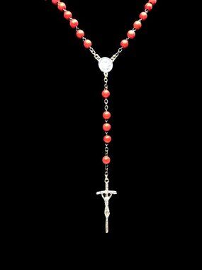 Vintage Rosary Red Beaded Cross Lariat and Y Drop Chain Necklace 17"